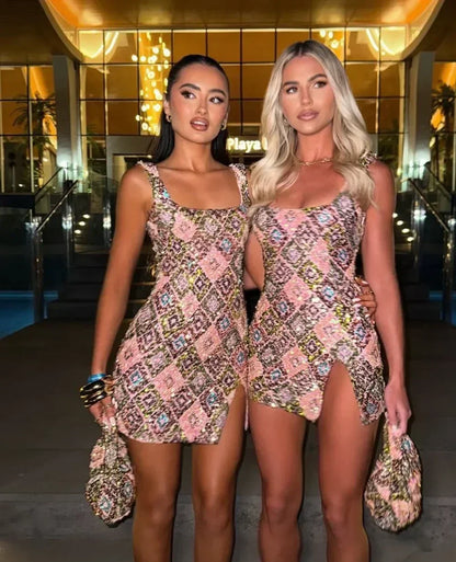 Colorful Rhombus Sequins Sexy Mini Dress Elegant Chic Straps Slit Bodycon Party Dresses Summer Holidays Evening Women Dress 2025