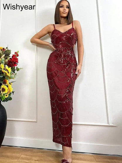 New Sequin Hollow Out Spaghetti Strap Backless Mermaid Long Dresses Women Elegant Celebrity Party Evening Wedding Bodycon Gowns
