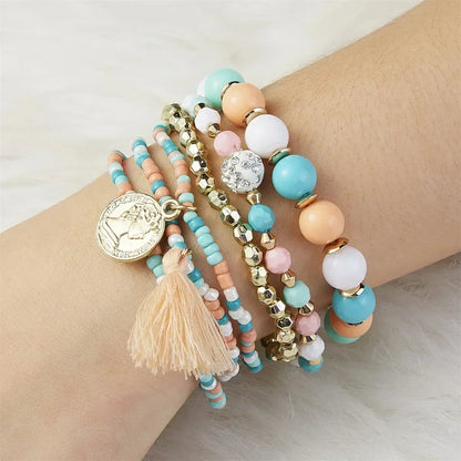 Bohemia Crystal Tassel Multicolor Beads Bracelets For Women Handmade Elastic Rope Charm Wrap Bracelet Summer Beach Party Jewelry