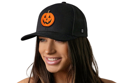 Jack-O-Lantern Trucker Hat Trucker Hat  |  Black Pumpkin Snapback