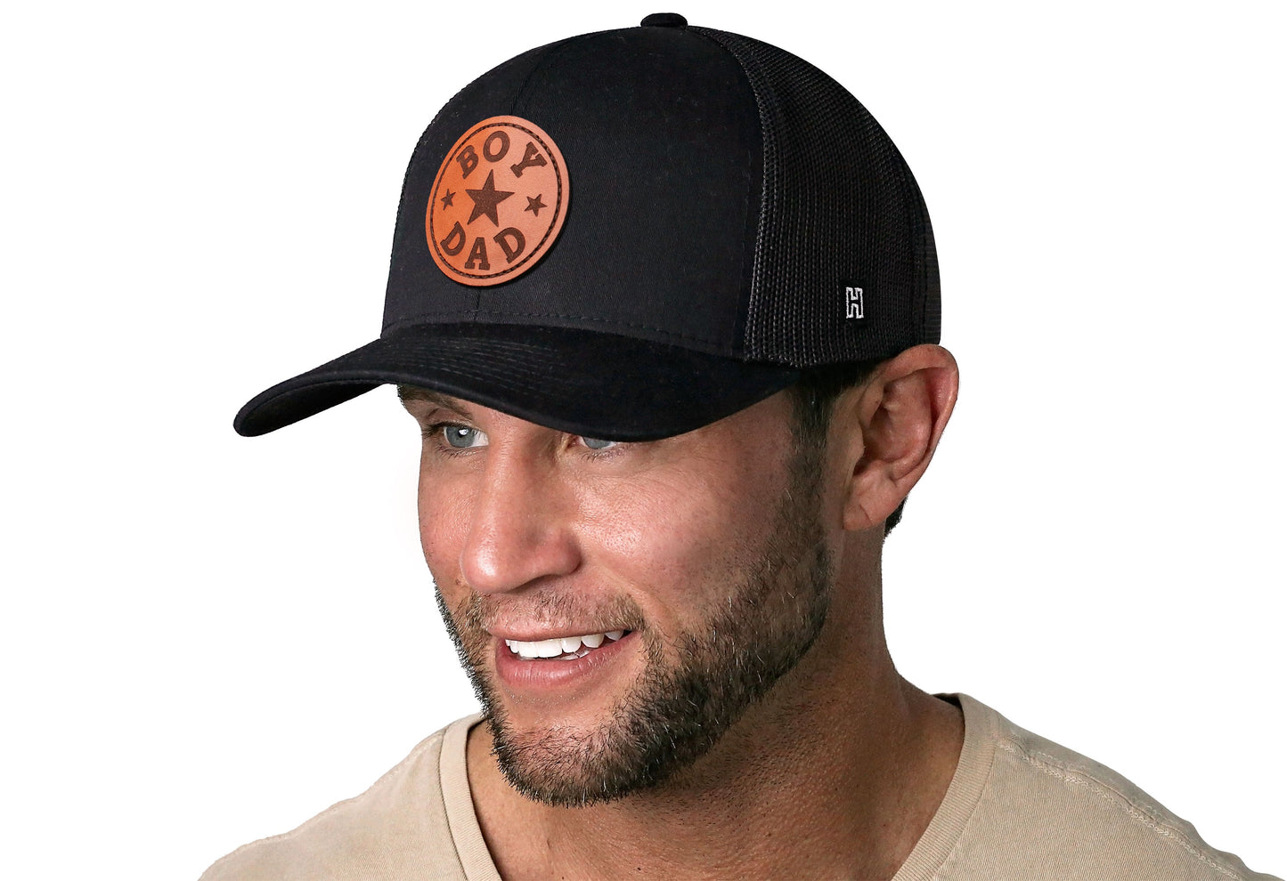 Boy Dad Leather Trucker Hat  |  Black Snapback