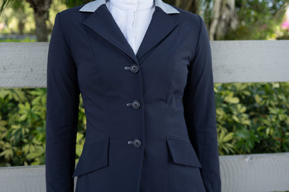 Grand Prix Ladies EQJ 3 Button Show Coat, Navy with Cadet Blue Collar