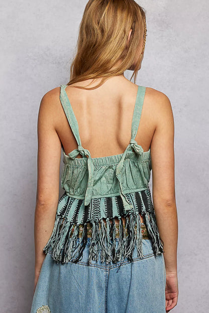 POL Lace-Up Fringe Hem Tank with Lace Detail