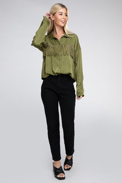 Fringe Trim Satin Shirt