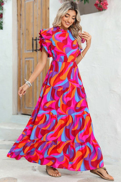 Abstract Print High Waist Ruffle Tiered Maxi Dress - Rustic Jade Designs Co