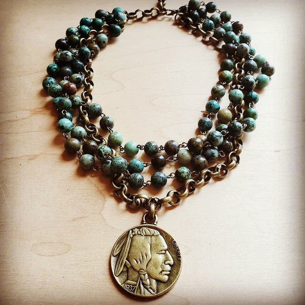 African turquoise collar lenght necklace with coin - Rustic Jade Designs Co