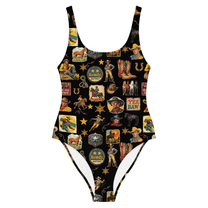 Baha Ranch Yeehaw Vintage Cowboy Collage Western One-Piece Swimsuit
