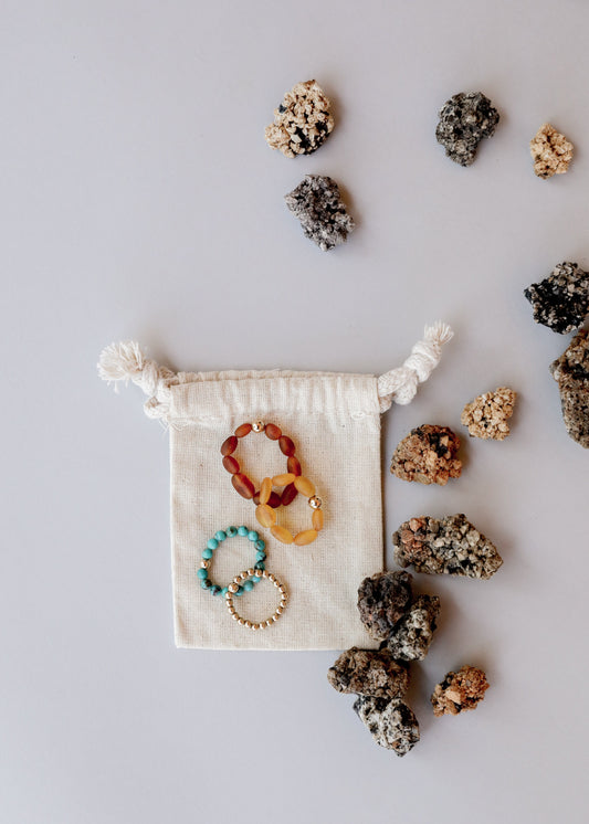 Raw Cognac Baltic Amber + 14K Gold Filled || Beaded Stretch Ring
