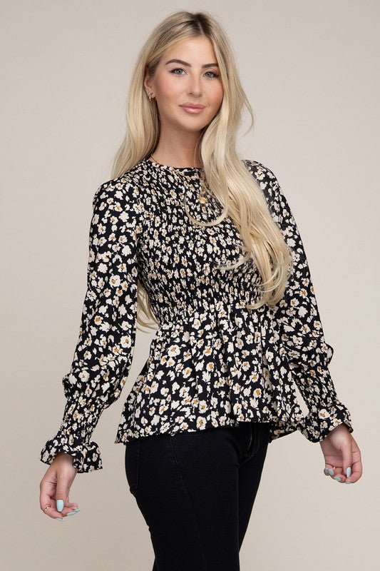 Allover Floral Shirred Peplum Blouse - Rustic Jade Designs Co