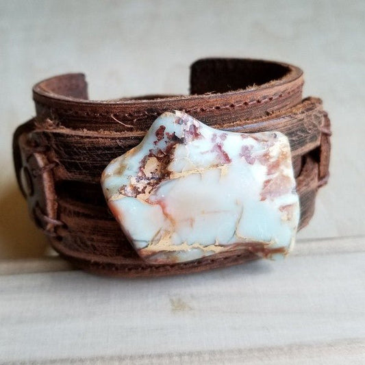 Aqua Terra Slab on Dusty Leather Cuff Bracelet - Rustic Jade Designs Co