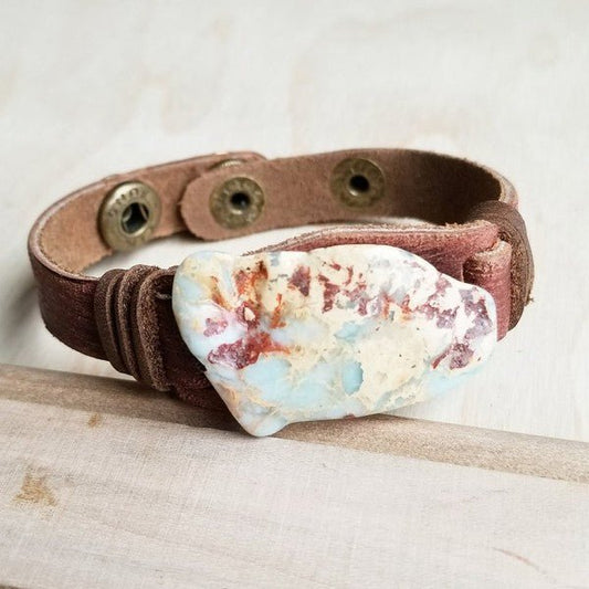 Aqua Terra Slab on Narrow Leather Cuff Bracelet - Rustic Jade Designs Co