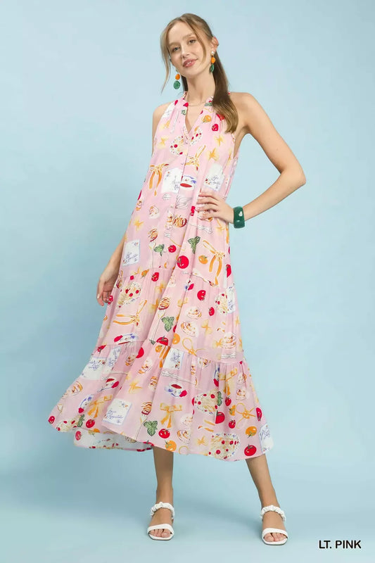Umgee Abstract Print Tiered Halter Midi Dress