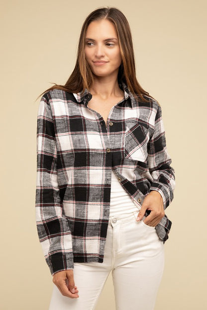 Cotton Plaid Shacket With Front Pocket