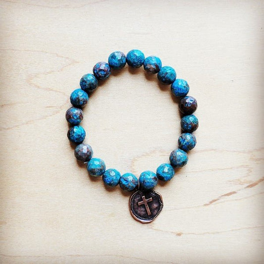 Blue Chrysocolla Stretch Bracelet w/ Coin - Rustic Jade Designs Co