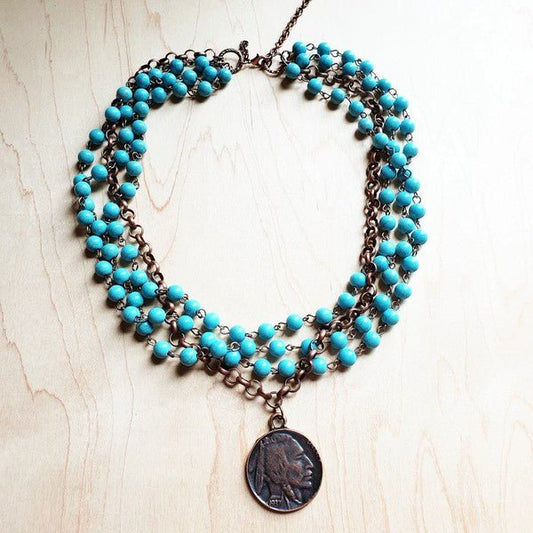 Blue Turquoise Collar Necklace with Indian Coin - Rustic Jade Designs Co