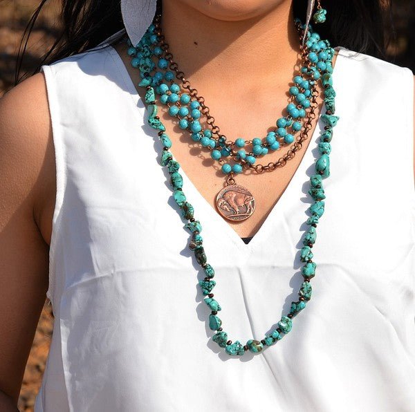 Blue Turquoise Collar Necklace with Indian Coin - Rustic Jade Designs Co