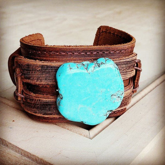 Blue Turquoise Slab on Dusty Leather Cuff - Rustic Jade Designs Co