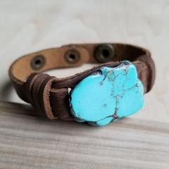 Blue Turquoise Slab on Narrow Leather Cuff - Rustic Jade Designs Co