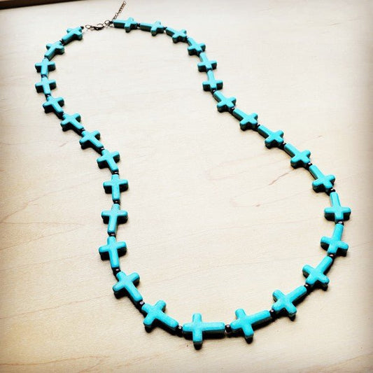 Blue Turquoise & Wood Beaded Cross Necklace - Rustic Jade Designs Co