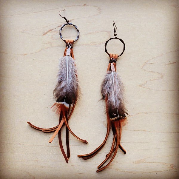 Boho Tan Deerskin Leather Tassel Earring Feather - Rustic Jade Designs Co