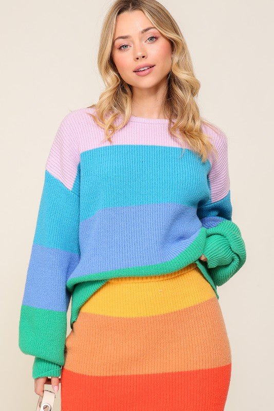 Bold Rainbow Stripe Oversized Chunky Knit Pullover - Rustic Jade Designs Co