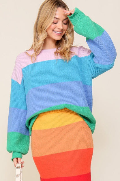 Bold Rainbow Stripe Oversized Chunky Knit Pullover - Rustic Jade Designs Co