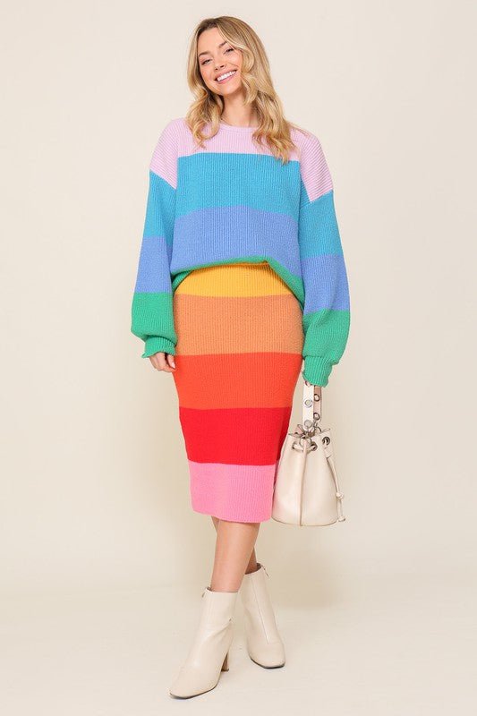 Bold Rainbow Stripe Oversized Chunky Knit Pullover - Rustic Jade Designs Co