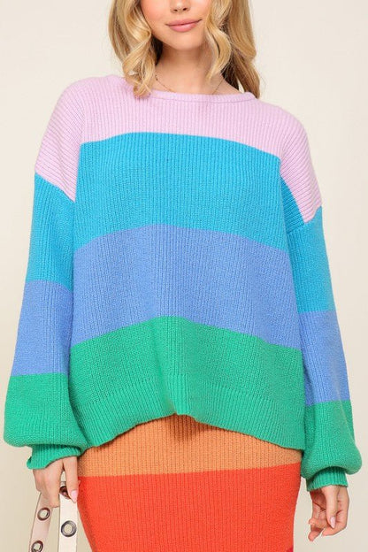 Bold Rainbow Stripe Oversized Chunky Knit Pullover - Rustic Jade Designs Co