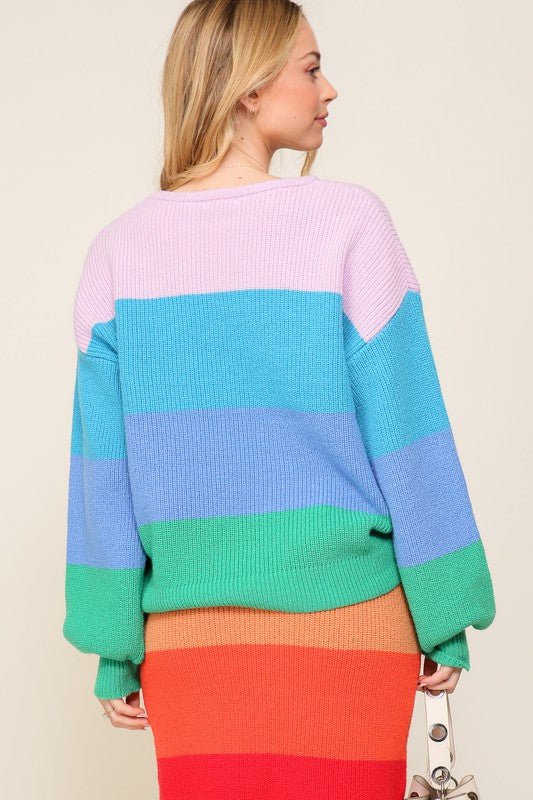 Bold Rainbow Stripe Oversized Chunky Knit Pullover - Rustic Jade Designs Co