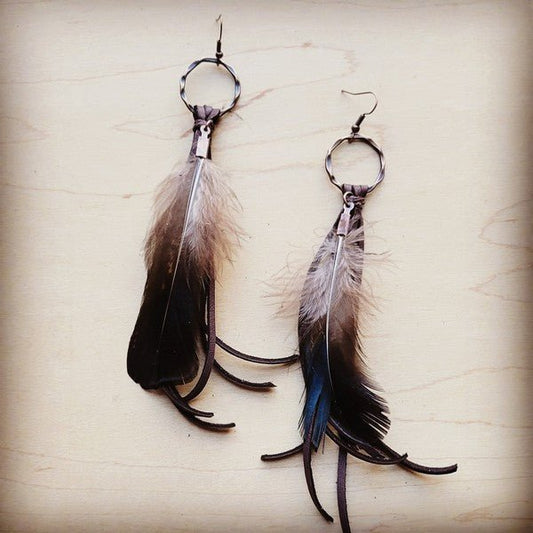 Brown Deerskin Leather Tassel Earring Black Feathe - Rustic Jade Designs Co