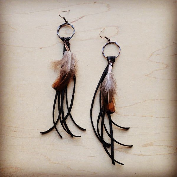 Brown Deerskin Leather Tassel Earring Brown Feathe - Rustic Jade Designs Co