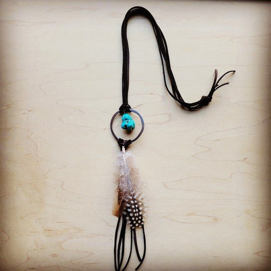 Brown Leather Necklace Blue Turquoise & Feather - Rustic Jade Designs Co