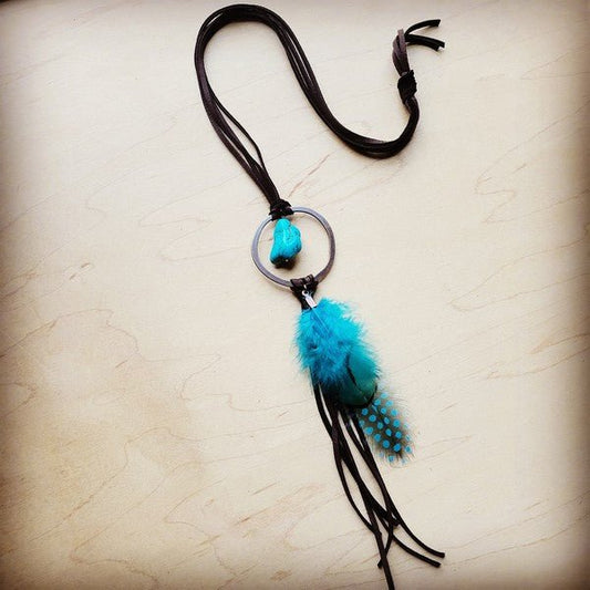 Brown Leather Necklace Turquoise Chunk & Feather - Rustic Jade Designs Co