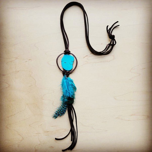 Brown Leather Necklace Turquoise Slab & Feather - Rustic Jade Designs Co