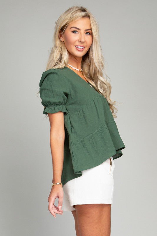 Button Front Puff Sleeve Blouse - Rustic Jade Designs Co