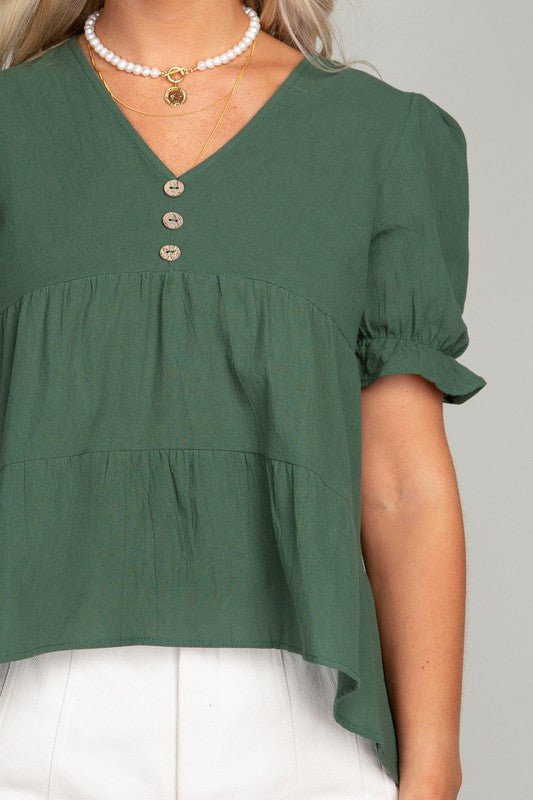 Button Front Puff Sleeve Blouse - Rustic Jade Designs Co