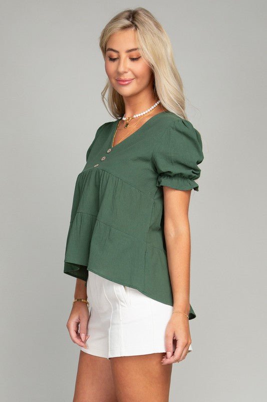 Button Front Puff Sleeve Blouse - Rustic Jade Designs Co