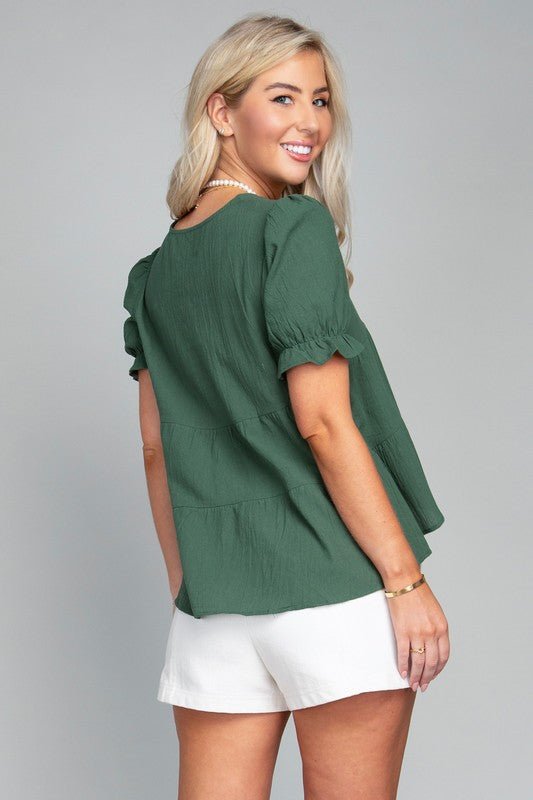 Button Front Puff Sleeve Blouse - Rustic Jade Designs Co