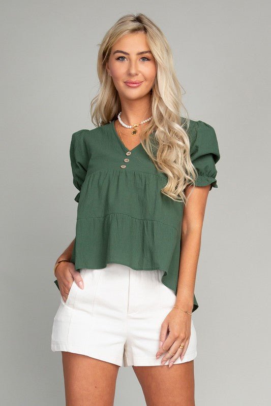 Button Front Puff Sleeve Blouse - Rustic Jade Designs Co