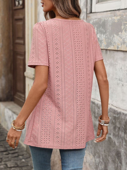 EYELET SQUARE NECK SHORT SLEEVE TOP