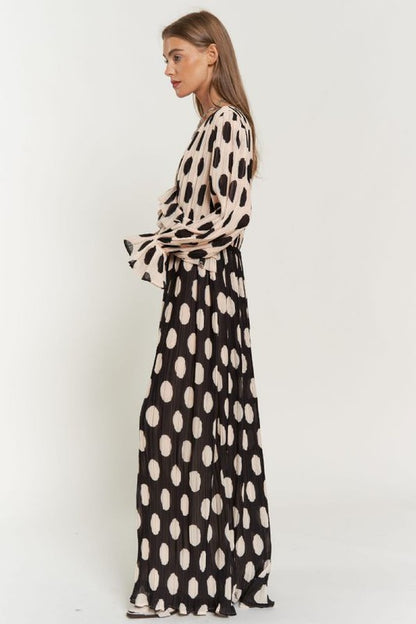 Polka Dot Ruffled Long Sleeve Pleated Maxi Dress