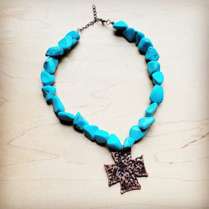 Chunky Blue Turquoise Collar Necklace Cross Pendan - Rustic Jade Designs Co