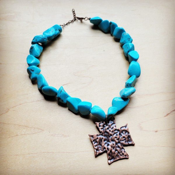 Chunky Blue Turquoise Collar Necklace Cross Pendan - Rustic Jade Designs Co