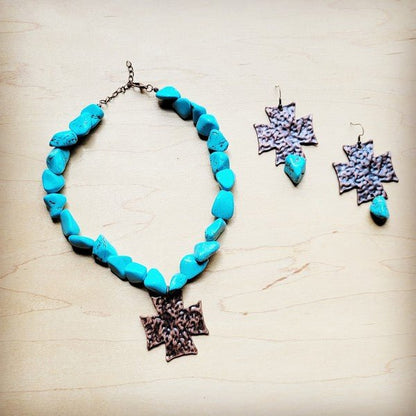 Chunky Blue Turquoise Collar Necklace Cross Pendan - Rustic Jade Designs Co