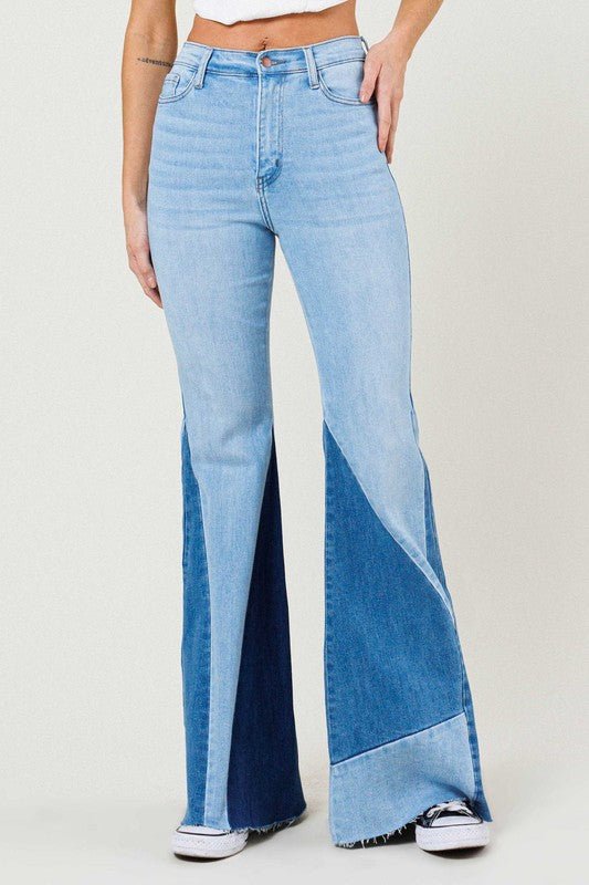 Color Block Side Slit Flare Jeans - Rustic Jade Designs Co