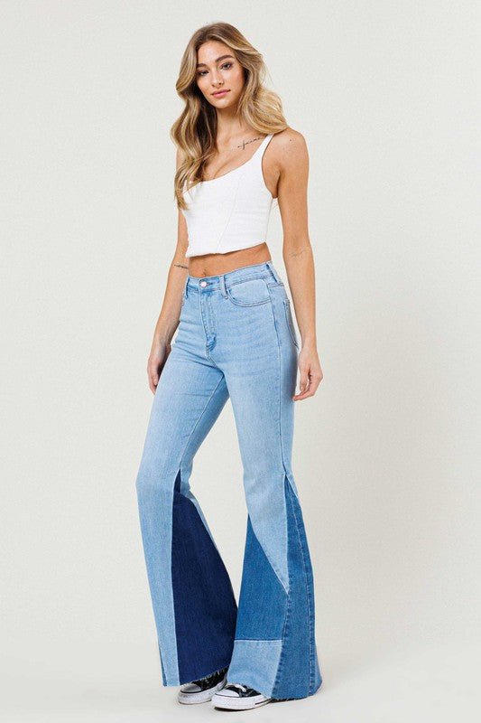 Color Block Side Slit Flare Jeans - Rustic Jade Designs Co