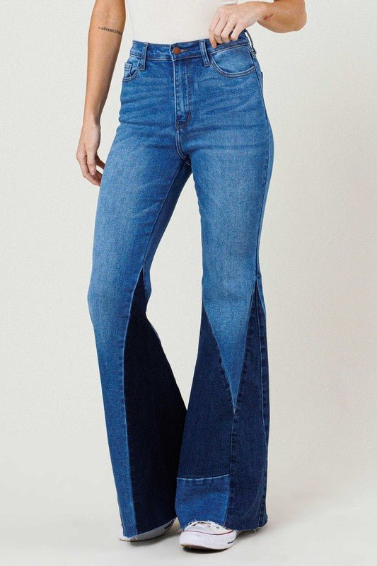 Color Block Side Slit Flare Jeans - Rustic Jade Designs Co