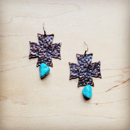 Copper Cross Earrings w/ Blue Turquoise Chunks - Rustic Jade Designs Co