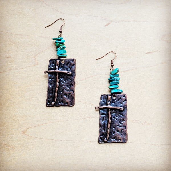 Copper Cross Earrings w/ Natural Turquoise Chunks - Rustic Jade Designs Co