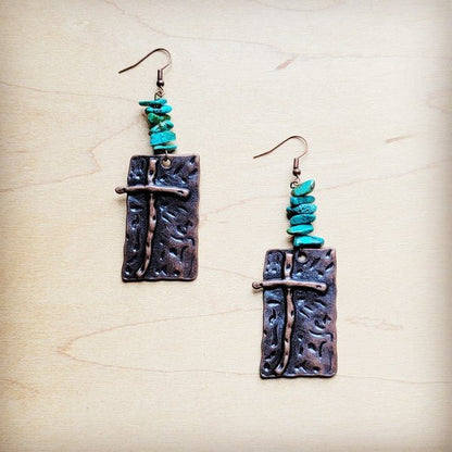 Copper Cross Earrings w/ Natural Turquoise Chunks - Rustic Jade Designs Co